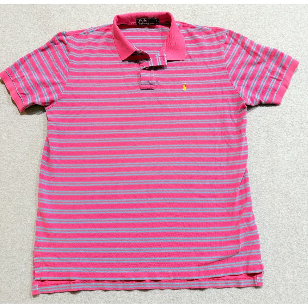Polo Ralph Lauren Mens Polo Short Sleeve XL Pink & Teal Stripe Knit Golf *Read